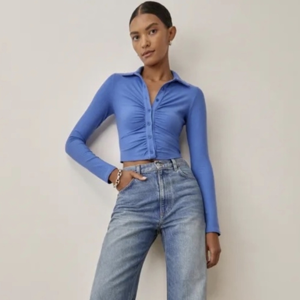 Reformation | Elin Knit Top Cropped Rouched Ribbed Dusk Blue XS Long Sleeve